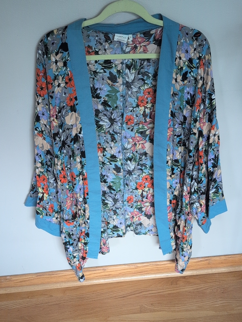Suzanne Betro Floral Open-Front Tunic Cardigan in Blue and Coral